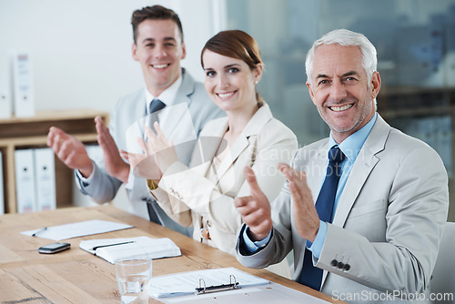 Image of Success, portrait or business people clapping in presentation for winning, team support or motivation. Happy, audience or applause of proud employees for target goals, achievement or celebration