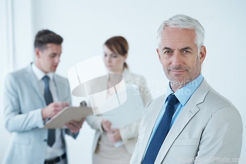 Image of Businessman, office and portrait with employee, planning and teamwork. Ceo, manager and team for meeting, discussion and collaboration with mentor, hiring or onboarding for corporate recruitment