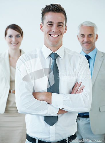 Image of Group, portrait and corporate business in studio for teamwork, leadership and professional businessman. Smiling, confident and happy face for ceo, employee and together with white background