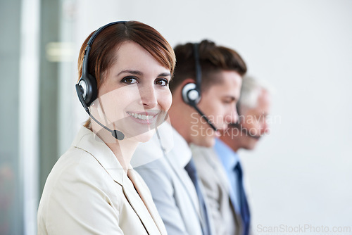 Image of Call center, smile or portrait of happy woman in customer service, business support and CRM in office. Face, advisor or telemarketing agent in mic headset for telecom consulting in coworking agency