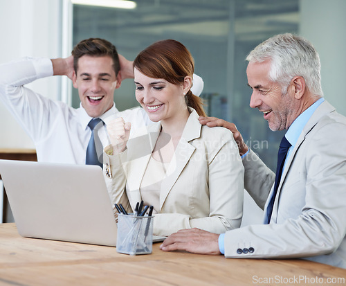 Image of Wow, happy woman or business people with laptop for stock market goal, achievement or profit target online. Deal success, teamwork or excited traders trading for bonus prize for investment growth