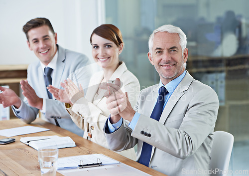 Image of Success, happy CEO or business people clapping in presentation for winning, team support or motivation. Meeting, audience or applause of proud employees for target goals, achievement or celebration