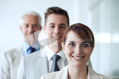 Image of Business people, portrait and confidence for teamwork in office, cooperation and collaboration in workplace. Businesswoman, leadership and pride for company, smiling and solidarity by accountants