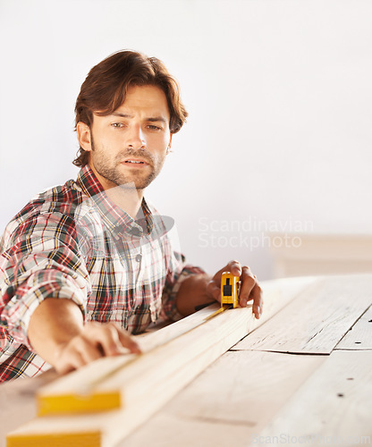 Image of Craftsman, maintenance and working in building, professional and technique for woodwork, career. Man, crafting and materials from nature, builder and indoor for diy, home improvement and handiwork