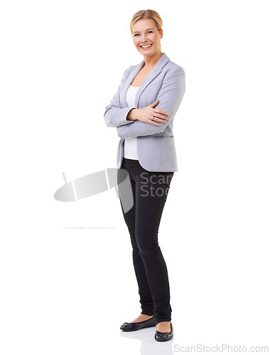 Image of Business woman, white background and studio with smile, pumps and arms crossed. Professional female executive, formal and happy for startup, company and confidence while standing by portrait