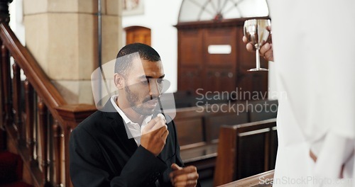 Image of Religion, church and man with priest for communion for ceremony, service and sermon at altar. Catholic, praying and pastor with wine and biscuit for male person in chapel for ritual, mass and worship