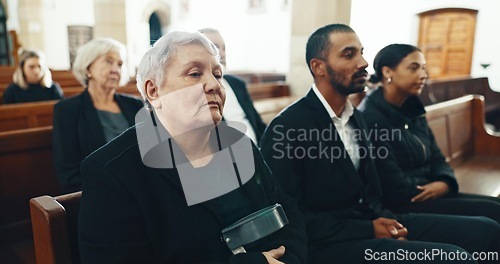 Image of Funeral, church and people for memorial service, sermon and ceremony for death, mourning and loss. Religion, audience and sad men and women in congregation for comfort, memory and prayer in chapel