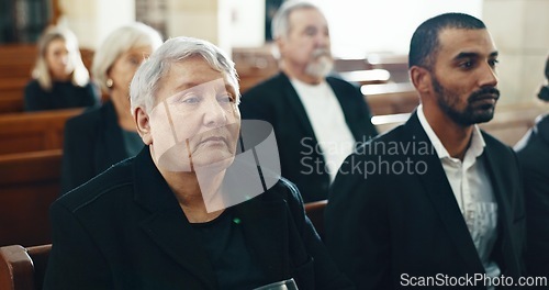 Image of Funeral, church and people for memorial service, sermon and ceremony for death, mourning and loss. Religion, audience and sad men and women in congregation for comfort, memory and prayer in chapel