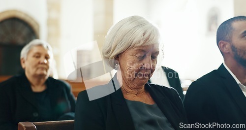 Image of Senior woman, church and sign of cross for faith, prayer and religion with community, service and retirement. Christian people, icon and ritual at temple, sermon or funeral for connection to Jesus