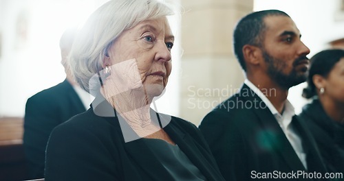 Image of Funeral, grief and death with old woman in church for farewell, thinking and sad. Mental health, depression and respect with senior person at memorial service for mourning, remember and faith