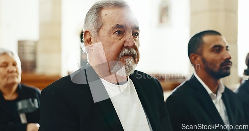 Image of Sad, senior man and closeup at a funeral in church for religious service and mourning. Grief, elderly male person and burial with death, ceremony and grieving loss at a chapel event in formal suit