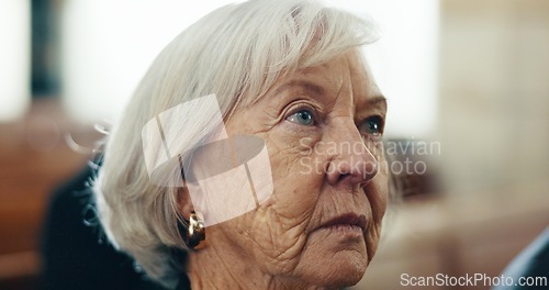 Image of Church, service and face of senior woman at a funeral for final goodbye, respect and burial. Death, service and elderly female widow mourning, loss and grief, RIP and farewell gathering or ceremony
