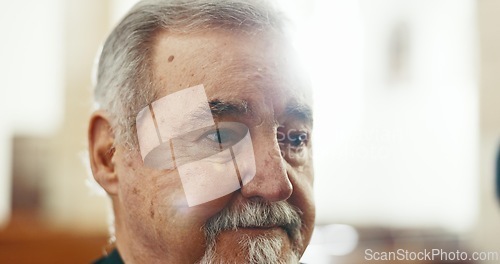 Image of Sad, senior man and face closeup at a funeral in church for religious service and mourning. Grief, male person and burial with death, ceremony and grieving of chapel event of family member or friend