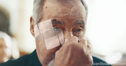 Image of Funeral, sad and death with old man crying in church for farewell, thinking and grief. Mental health, depression and respect with senior person at memorial service for mourning, remember and faith