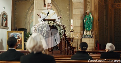 Image of Religion, priest and man preaching in church for sermon, heaven and gospel of God. Senior pastor, spiritual leadership and speech for worship, holy spirit and community prayer service of Jesus Christ