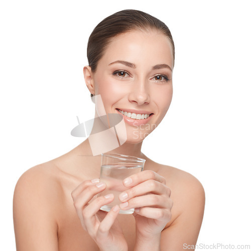 Image of Woman, portrait and skincare for beauty, water for health and wellness, dermatology and self care on white background. Face, hydration and h2o in glass for skin and natural cosmetics in studio