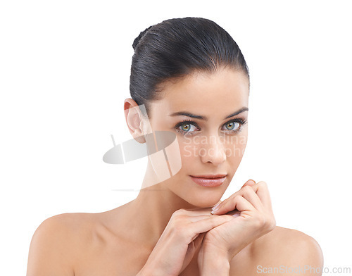 Image of Woman, portrait and skincare with beauty, makeup or cosmetics on a white studio background. Face of female person, brunette or model in satisfaction for salon, spa or facial treatment on mockup space