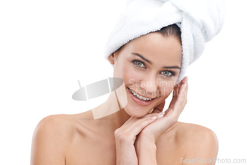 Image of Woman, portrait and towel for beauty in studio with skincare, dermatology and hair care on a white background. Face of a young model or person with cloth for hygiene, bathroom routine or dermatology