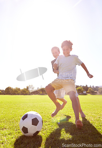 Image of Soccer, friends and playing for fun on grass, support and smiling for sports game on field. Happy boys, children and performance on outdoor pitch, bonding and laughing for competition or challenge