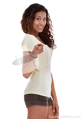 Image of Woman, portrait and pointing in studio for option, voice and confidence for choosing you. Female person, smiling and proud of decision on white background, emoji and vote for opportunity in Brazil