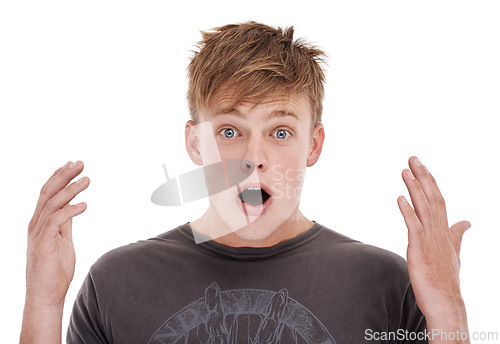 Image of Man, portrait and surprised in studio for announcement or secret news for information, discount or mockup space. Male person, face and hands with omg shock or white background, emoji or mouth open