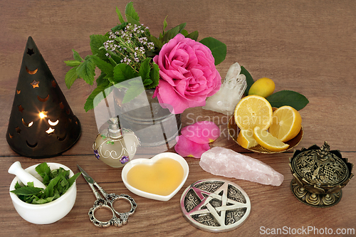 Image of Wiccan Love Potion Ingredients for Magic Spell Recipe  