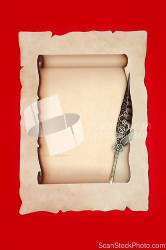 Image of Parchment Paper Scroll with Vintage Feather Quill Pen