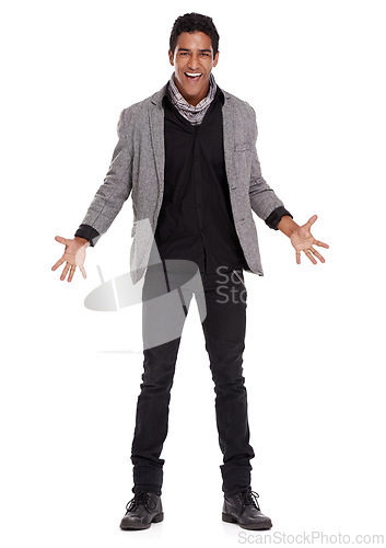 Image of Man, fashion and jacket for studio portrait with excited smile, confidence or wow for open palm by white background. Person, model and trendy style with blazer for shock, surprise or happy with hands