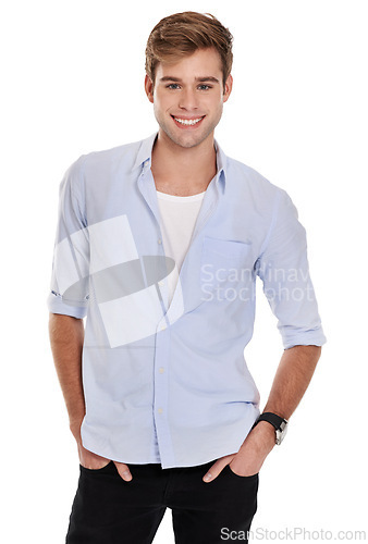 Image of Man, shirt and fashion with studio portrait, smile and confidence with trendy style by white background. Person, model and jeans with clothes, happy or garments in casual outfit with pride in Sweden