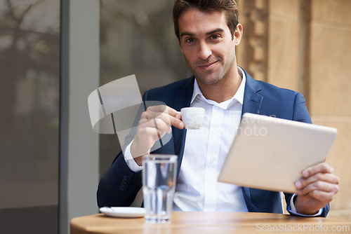 Image of Businessman, portrait and tablet or coffee at cafe or online research or communication, internet or social media. Male person, espresso and city restaurant in Italy for work trip, networking or email