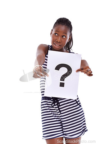 Image of Question mark, confused or black woman with sign or doubt for decision, ideas or problem solving in studio. Thinking, person or African model with why review on paper for solution on white background