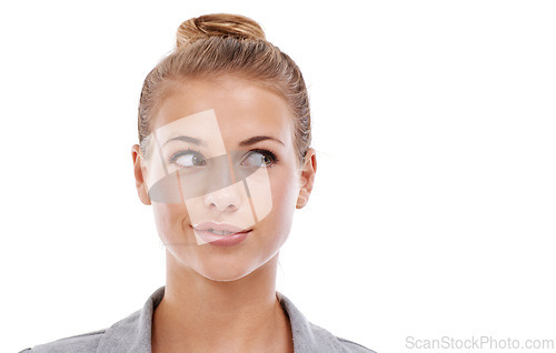 Image of Woman, face and thinking of idea in studio for problem solving, contemplating or wondering on mockup space. Person, thoughtful or daydreaming with confidence, solution or decision on white background