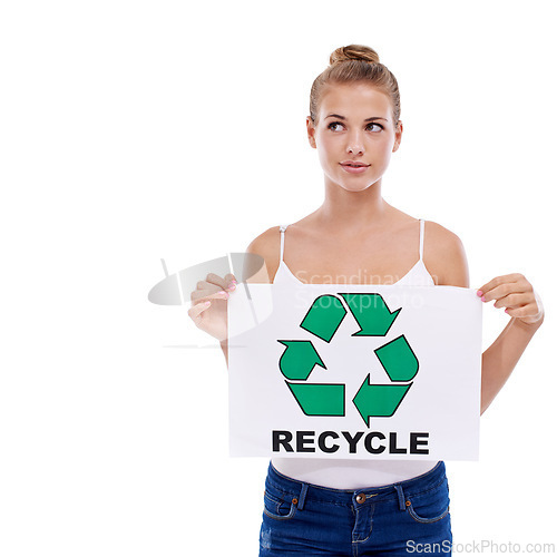 Image of Woman, thinking and poster for recycling, environment and climate change with activism and awareness on white background. Future of the planet, eco friendly and sign for social responsibility and NGO