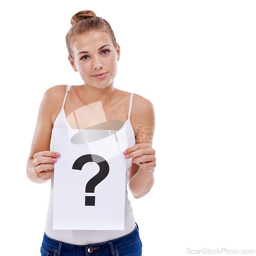 Image of Question mark, portrait or woman with sign or doubt for decision, ideas or problem solving in studio. Confused, mockup space or female model with why icon or board for solution on white background