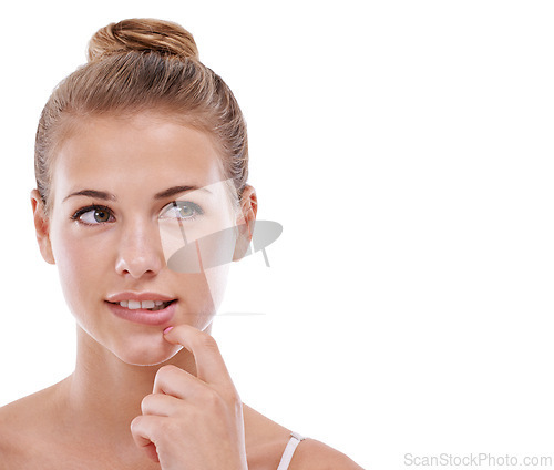 Image of Woman, face and thinking or decision in studio for problem solving, contemplating or wondering on mockup space. Person, thoughtful or daydreaming with confidence, solution or hand on white background