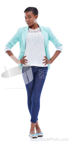 Image of Portrait, fashion and style with confident black woman in studio isolated on white background. Model, clothes and trendy with serious or proud young person in outfit for attitude and confidence