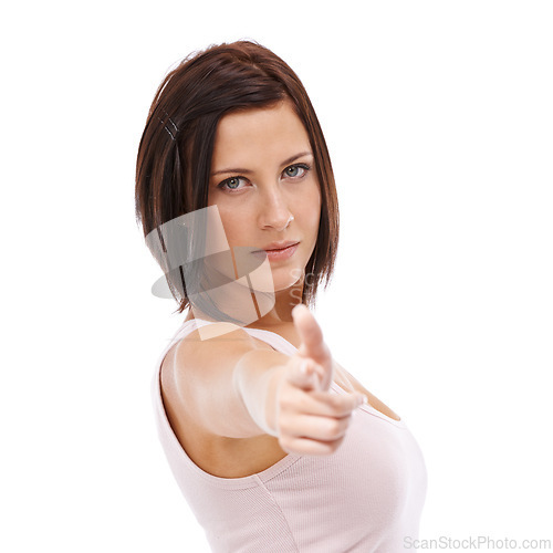 Image of Angry, woman and portrait with finger gun pointing in threat or warning on white background in studio. Shooting, weapon and serious gesture with hand and person acting as a spy or agent on mockup