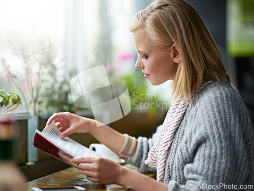 Image of Coffee shop, reading and woman with book by window with caffeine drink, cappuccino and latte. Cafeteria, restaurant and happy person with story, literature and novel for relaxing, learning and hobby