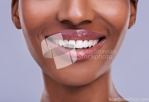 Image of Teeth whitening, dental and woman with beauty and health, oral hygiene and wellness with smile closeup on grey background. Mouth, lips and lipstick with orthodontics for veneers, cosmetics and skin