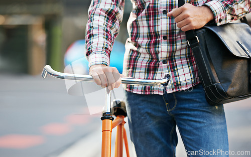 Image of Hands, person and push bicycle in street to travel on eco friendly transport outdoor, commute or walking on trip. Cycling, bag and bike in urban town, city or road for journey on sidewalk in summer