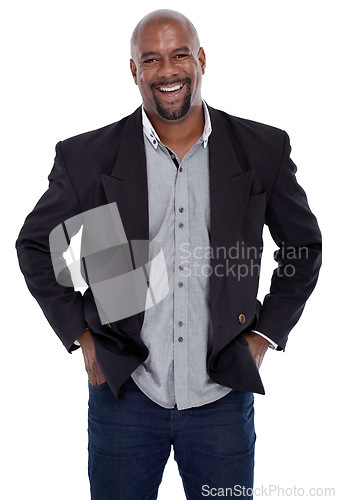 Image of Business man, fashion and portrait in studio with smile, pride and confidence in trendy jacket by white background. African entrepreneur, person and happy in blazer, jeans and edgy clothes in Kenya