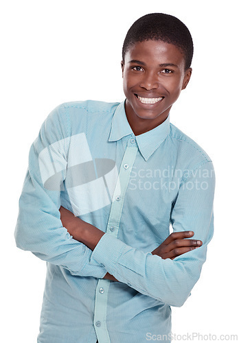 Image of Happy, portrait and confident black man with positive attitude on a white studio background. Face of young African, male person or model with smile and arms crossed in confidence for fashion or style