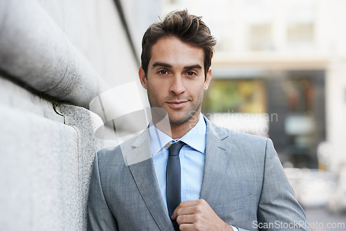 Image of Smile, pride and portrait of businessman in city with positive, good and confident attitude. Happy, suit and handsome professional male accountant with classy and elegant style in urban town.