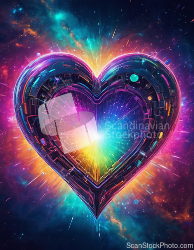 Image of Abstract bright multicolored futuristic heart on a space backgro