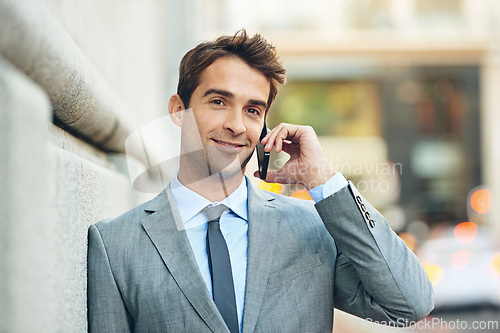 Image of Lawyer, outdoor and portrait of man with phone call in city networking with communication to client. Attorney, smile or businessman chat on smartphone at court or law firm in London for consultation