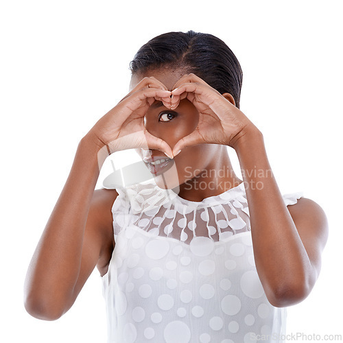 Image of Heart, hands and black woman with sign for love or charity, wellness and support with emoji on white background. Icon, donation and romance gesture with shape, thank you or feedback with reaction