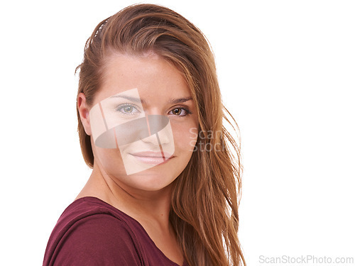 Image of Beauty, hair care or ginger in portrait with model for cosmetics isolated on white background. Proud woman, transformation or female person in Ireland, studio or salon for shine, treatment or results