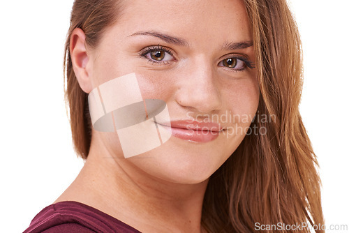 Image of Beauty, skincare or portrait of ginger woman with smile or pride isolated on white background. Happy model, transformation or person in Ireland, studio or salon for hair shine or natural glow results