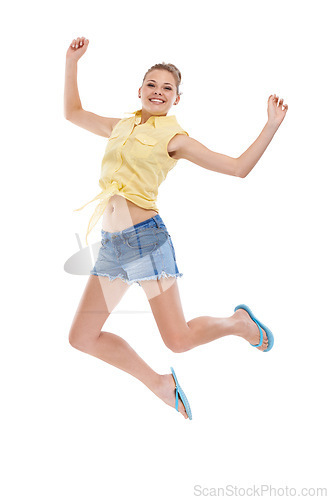 Image of Excited, jump or portrait of girl teenager in studio for news, announcement or bonus prize. Energy, smile or happy model winner in celebration of fashion discount, success or sale on white background