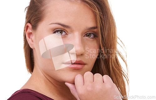 Image of Beauty, hair care or ginger in portrait with woman for cosmetics isolated on white background. Proud model, transformation or female person in Ireland, studio or salon for shine, treatment or results